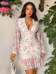 Firerie 优雅浪漫时尚通勤性感优雅风格女装连衣裙，适合派对、度假、返校、浪漫约会和婚礼生日派对情人节，粉色花卉印花 V 领褶皱修身短裙 - 彩色 - 查看 7