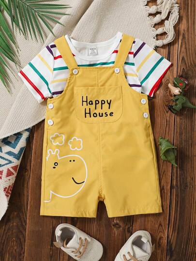 SHEIN 2 件装男婴休闲度假可爱彩色条纹恐龙印花 T 恤配肩带短裤套装，夏季