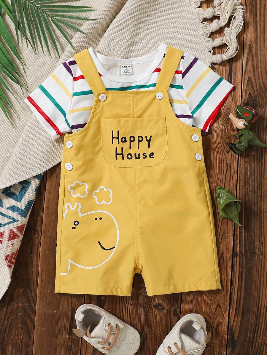SHEIN Conjunto de 2 piezas de niño bebé para vacaciones informales: Camiseta con estampado de dinosaurio a rayas coloridas y pantalones cortos con tirantes, para verano - Multicolor - Ver 1