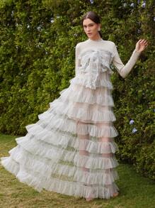 Anewsta Váy mini kẻ caro nhiều tầng bằng vải tuyn thời trang mùa xuân có họa tiết bướm, váy voan xòe nhiều lớp trong suốt cho lễ hội, đi chơi, trang phục đi nghỉ, phụ nữ - Màu be - Xem 5