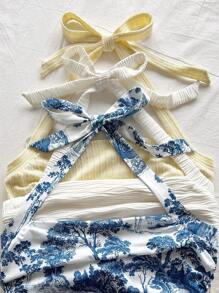 Soleia Multicolor New Elegant Vacation Casual Knit Texture Printed Spaghetti Strap Tie Back Camisole Top,Spring Break, Saint Patrick,Easter Women,Concert Women,Elegant,Vacation,Business Casual Woman ,Western,Cute,Boho,Country ,Modest,Streetwear,Tropical,Gyaru, Floral,Backless - Multicolor - View 6