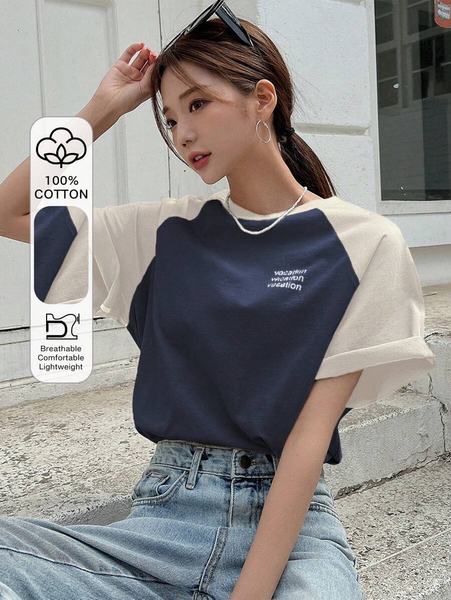DAZY Color Block Raglan Sleeve Letter Print Round Neck Slim Fit Long Sleeve Women's T-Shirt