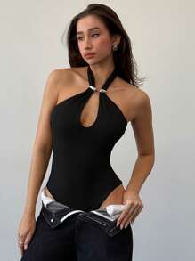 Aloruh Backless Metallic Hollow Decor Bodysuit, Tight Fit, Sexy Party Outfit For Women