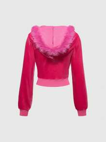 ROMWE Grunge Punk Y2K Velvet Crop Hoodie And Low-Rise Flare Pants 2pcs Set For Women - Pink - View 8