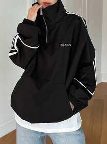 Dazy-Less Letter Embroidery Detail Contrast Piping Raglan Sleeve Half Zip Sweatshirt - Black - View 3