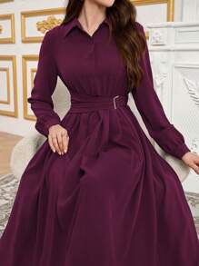 Modelyn Simple Button Front Belted Collar Long Sleeve Modest Dress Long Evening Dresses Fall Cloth For Women - Purple - View 3