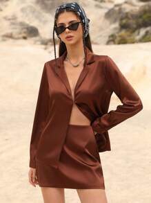 Femmeiva 2pcs Women Business Casual Satin Blouse With Metal Buttons & Short Straight Skirt Set Fall Cloth For Women - Brown - View 5