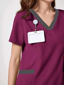TaskEZ Conjunto de uniforme de enfermería con blusa de cuello en V de manga corta y pantalones en bloques de color para mujer
