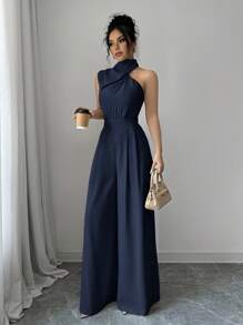 Firerie Jednokolorowy damski kombinezon z golfem, bez rękawów i szerokimi nogawkami - Granatowy - Zobacz 4