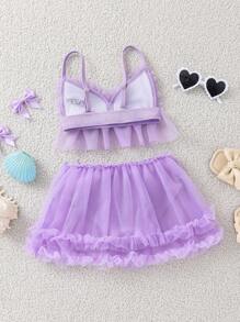 SHEIN Leap Crew 2 件套年轻女孩泳衣，带网眼荷叶边上衣和下装 - 紫色 - 查看 6