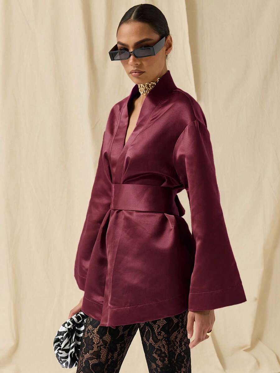 COSMINA Đầm mini tay loe màu trơn thanh lịch dành cho nữ - Màu đỏ tím - Xem 1