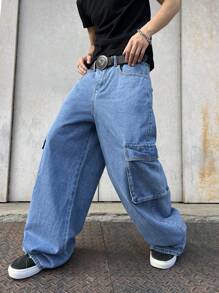 Manfinity EMRG Men's Letter & Tiger Pattern Cargo Pocket Denim Bib Overalls - Light Wash - View 7