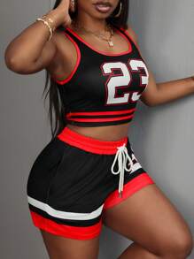 Slaydiva Bộ 2 món Áo ba lỗ họa tiết cổ tròn thường ngày cho nữ số 23 kèm quần short rút dây, trang phục mùa hè - màu đen - Xem 4