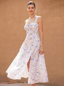 Aveloria Rosie Elegancka, francuska sukienka w stylu kurortowym z szyfonu w bloki kolorów, kwiatowy nadruk, marszczona, z warstwowymi rękawami i ściągaczem w talii, w kształcie litery A, dla kobiet, w stylu boho, na wakacje, w modnym stylu, z nadrukiem na całej powierzchni, na lato - Niebieski - Zobacz 5