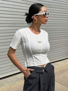 DAZY Letter Patched Detail Seam Detail Tee Preppy Tops - White - View 7