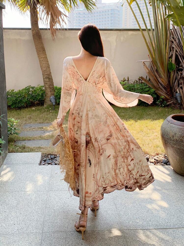 Holiday Beach Vacation Style Plant & Floral All-Over Print Elastic Waist V-Neck Dress With Ruffled Dress, Bohemian Drawstring Tied Fall Dress For Women Sundress Long Sleeve Dress Easter Maxi Dress Boho