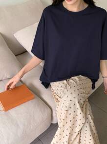 2pcs Solid Color Loose Fit T-Shirt Top & Ditsy Floral Pajama Pants Sleepwear Set - Navy Blue - View 6