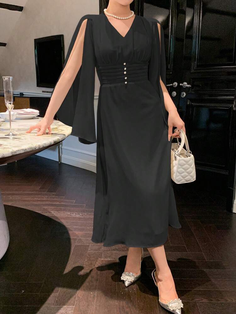 Solid Color V-Neck Ruffle Sleeve Mid-Length Dress For Women, Suitable For Parties & Dates, Fall Clothes Long Sleeve Dress Prom Dress Elegant Women Dress
