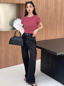 DAZY 情人节刺绣心形和字母图案女士短袖T恤夏季商务休闲女装 - 玫紅色 - 查看 5