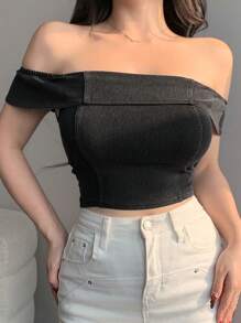 DAZY Women Off Shoulder Short Sleeve Cropped Denim Blouse - Black - View 1