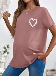SHEIN Maternity Heart Print Short Sleeve Cotton Top With Nursing Function