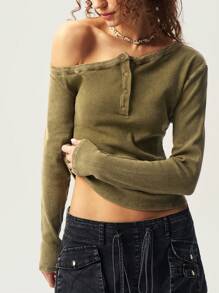 Bohemela BOHO Solid Color Asymmetrical Shoulder Long Sleeve Slim Fit Women T-Shirt