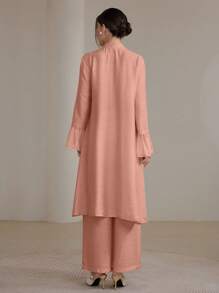 Graceveil 2pcs/Set Women Elegant Stand Collar Ruffle Cuff Long Sleeve Set Modest Fall Cloth For Women - Pink - View 2