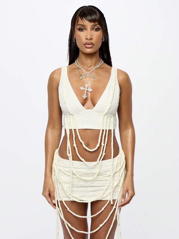 SUMWON WOMEN Festival Boho Corset Crop Top With Fringe Detail Draped Strings Summer Music Festival Coachella Burning Man Rave Beach Party Hippie Bohemian Clubwear Bralette