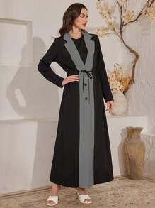 Al Najma Women's Color Block Lapel Cinched Waist Open Abaya Robe - Black - View 4