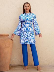 Swim Mulvari 2 Pieces Women Blue Floral Print Comfort Cut + Blue Wide Leg Swimsuit Burkini SetArabic Clothing For Summer Beach Vacation