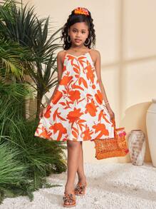 SHEIN Tween Mädchen Lässig Locker Bedrucktes Webstoff Trägerkleid in Midi-Länge, Urlaubsstil