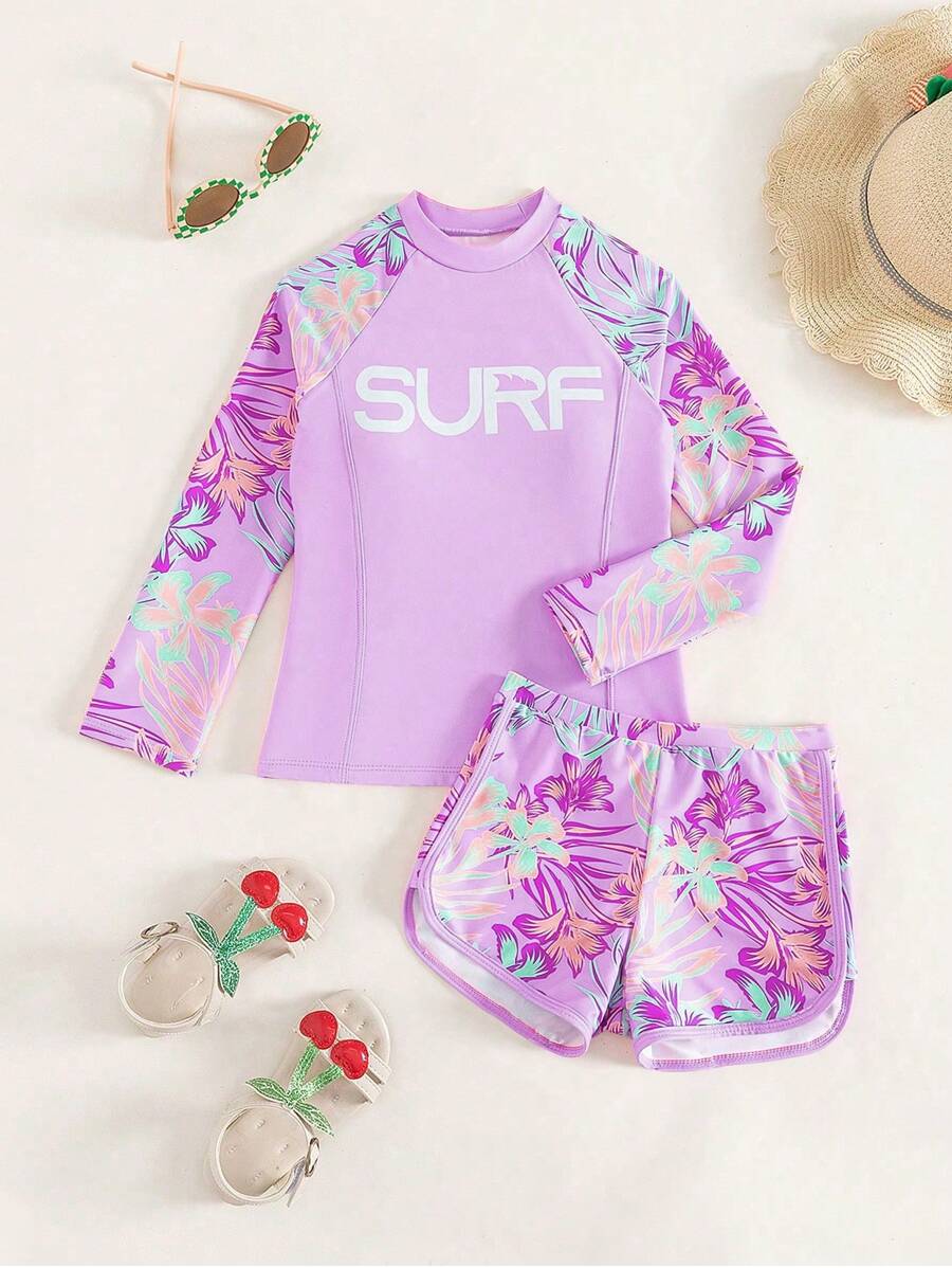 Tween Girl Tropical Print Random Mix Swimwear Set For Vacation Beach - Mauve Purple - View 1