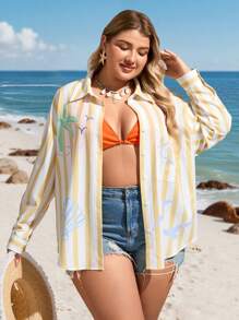 SHEIN VCAY Plus Size Resort Island Casual Yellow & White Striped Print Pocket Front Loose Shirt,Autumn Holiday Beach Summer Women Boho Vacation Hippie Western - Yellow - View 2