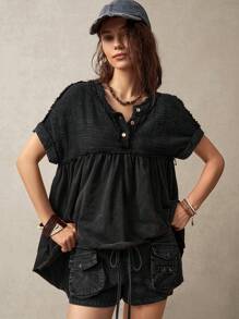 Bohemela Plus Size Casual Solid Color Patchwork Crew Neck Short Sleeve T-Shirt,Vintage - Black - View 5