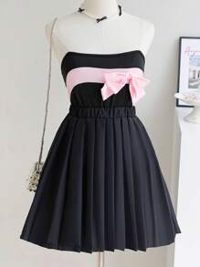 2pcs/Set Tween Girl Black & Pink Spaghetti Strap Camisole Ruffles & Bow Detail Paired With Black Pleated Skirt, Spring/Summer - Multicolor - View 1