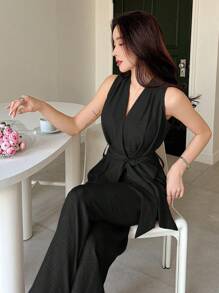 DAZY Effen kleur losse jumpsuit met strik taille, elegante zomer casual dames rompertjes