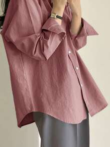 DAZY Ladies' Solid Color Front Button Casual Long Sleeve Shirt,Fall Clothes - Pink - View 6