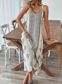 SHEIN Clasi Women's Elegant Casual Vacation Retro Print Loose V-Neck A-Line Dress