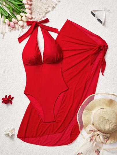 SHEIN MOD Halter Neck Top With Chest Ruffle One Piece Swimsuit & Wrap Cover Up 2 Pieces Set, Push Up Bathing Suit, Tummy Control Swimwear, Resort Wear Women, Beach Cover Up Women, Beach Vacation Outfits, One Piece Bathing Suit