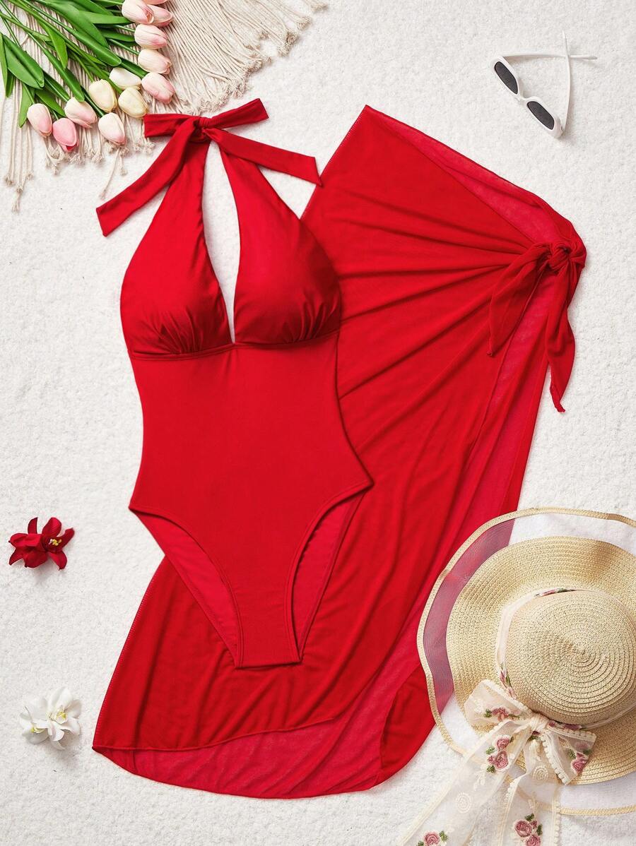 SHEIN MOD Halter Neck Top With Chest Ruffle One Piece Swimsuit & Wrap Cover Up 2 Pieces Set, Push Up Bathing Suit, Tummy Control Swimwear, Resort Wear Women, Beach Cover Up Women, Beach Vacation Outfits, One Piece Bathing Suit