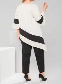 EMERY ROSE Femei Dimensiuni Plus Set 2buc Tivul Asimetric Culoare Contrast Decolteu Rotund Top Și Pantaloni Ținute de primăvară Pentru Femei Rochie de duș de mireasă Alb Elegant