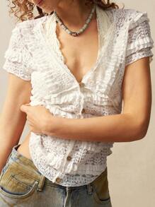 Bohemela Boho Solid Color V-Neck Short Sleeve Fitted Women Top