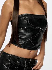 SUMWON WOMEN Studded Faux Leather Bandeau Crop Top Festival Club Party Strapless Bustier Evening Wear Corset Style Clubwear