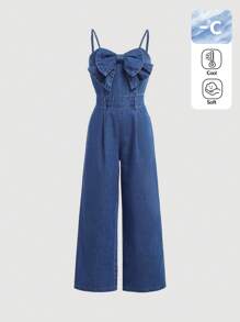 SHEIN Girlism Tween Girls Fall Clothes Fashion Casual Cute Bowknot Plaeated Spaghetti Strap Denim Jumpsuit With Wide Leg Pants