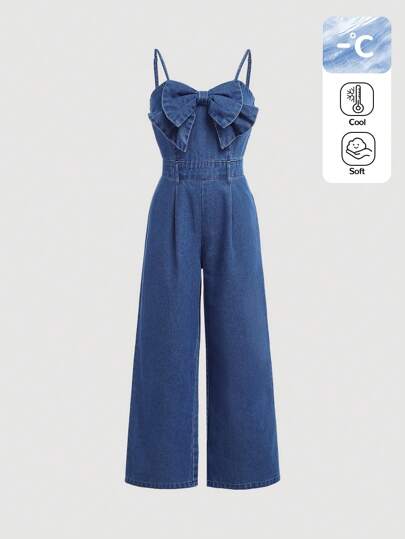 SHEIN Girlism 青少年女孩秋季服装时尚休闲可爱蝴蝶结褶饰细肩带牛仔连体裤配阔腿裤