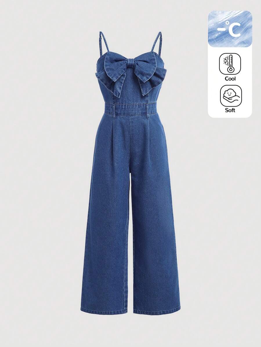 SHEIN Girlism Tween Girls Fall Clothes Fashion Casual Cute Bowknot Plaeated Spaghetti Strap Denim Jumpsuit With Wide Leg Pants