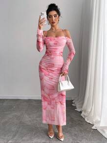 Elenzga Plus Size Women Pink Floral Print Mesh Ruffle Off Shoulder Bodycon Long Sleeve Dress - Pink - View 5