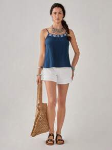 Florisole Casual Vacation Cute Spaghetti Strap Front V-Neck Embroidery Decor Women Camisole - Multicolor - View 3