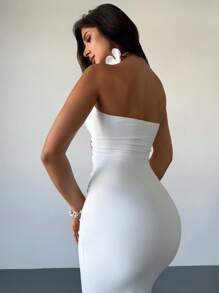 Firerie Vestido midi strapless ceñido al Body de color blanco con diseño calado de flores de orquídea, elegante, minimalista, intrincado, romántico y encantador para bodas, fiestas, festivales de música, vacaciones en la playa, primavera/verano
