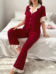 Contrast Color Ruffled Collar Button Front Short Sleeve Pajama Set For Women